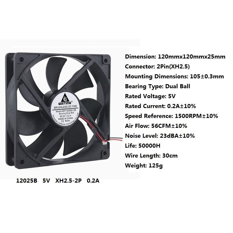 1 Pcs Gdstime 12cm 0.2A DC 5V 2Pin 1500RPM Dual Ball 120mm*120mm*25mm Computer Cooler Motor Cooling Fan 120mm x 25mm 12025B