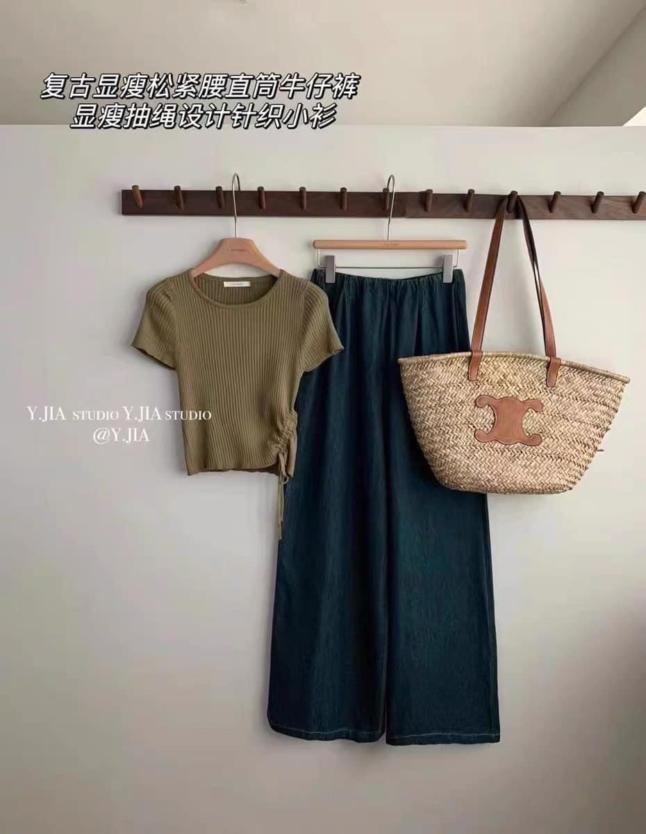 SET ĐI CHƠI, SET 2 MÓN ÁO THUN TAY NGẮN RÚT EO PHỐI QUẦN SUÔNG DÀI ỐNG RỘNG CỰC IU