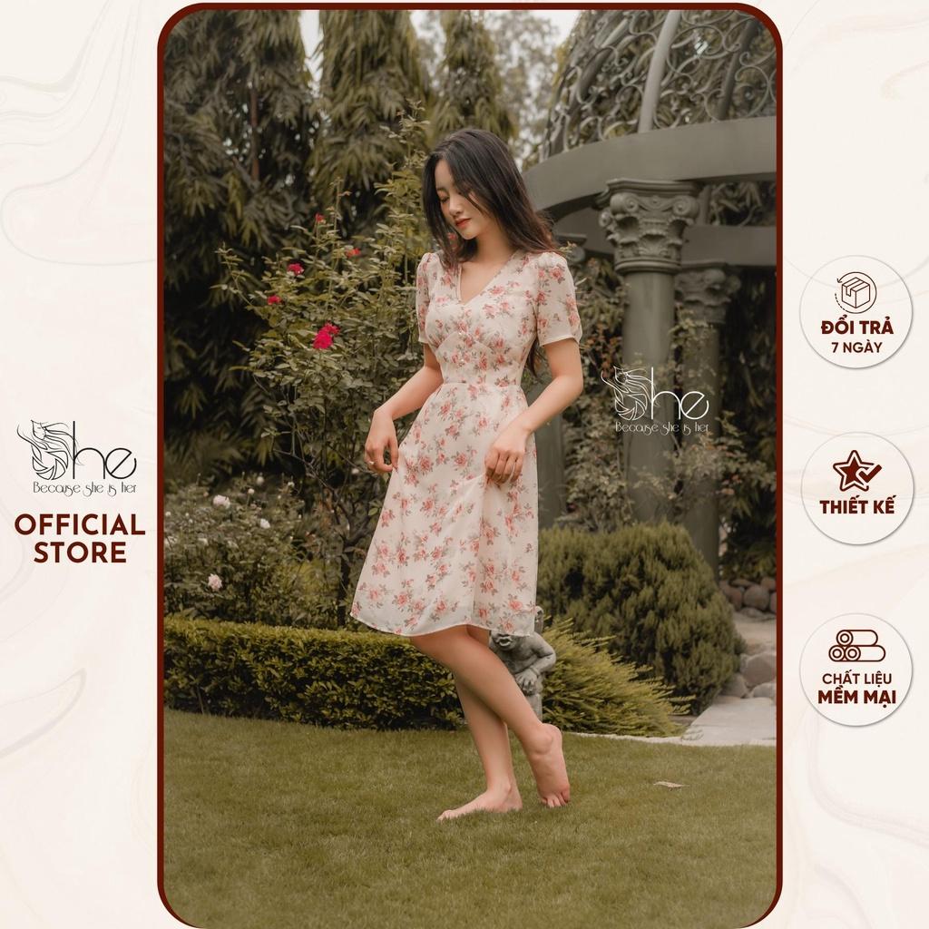 Váy nữ hoa voan đẹp She, đầm váy cổ tim 3 nút dáng A thời trang nữ SDX116