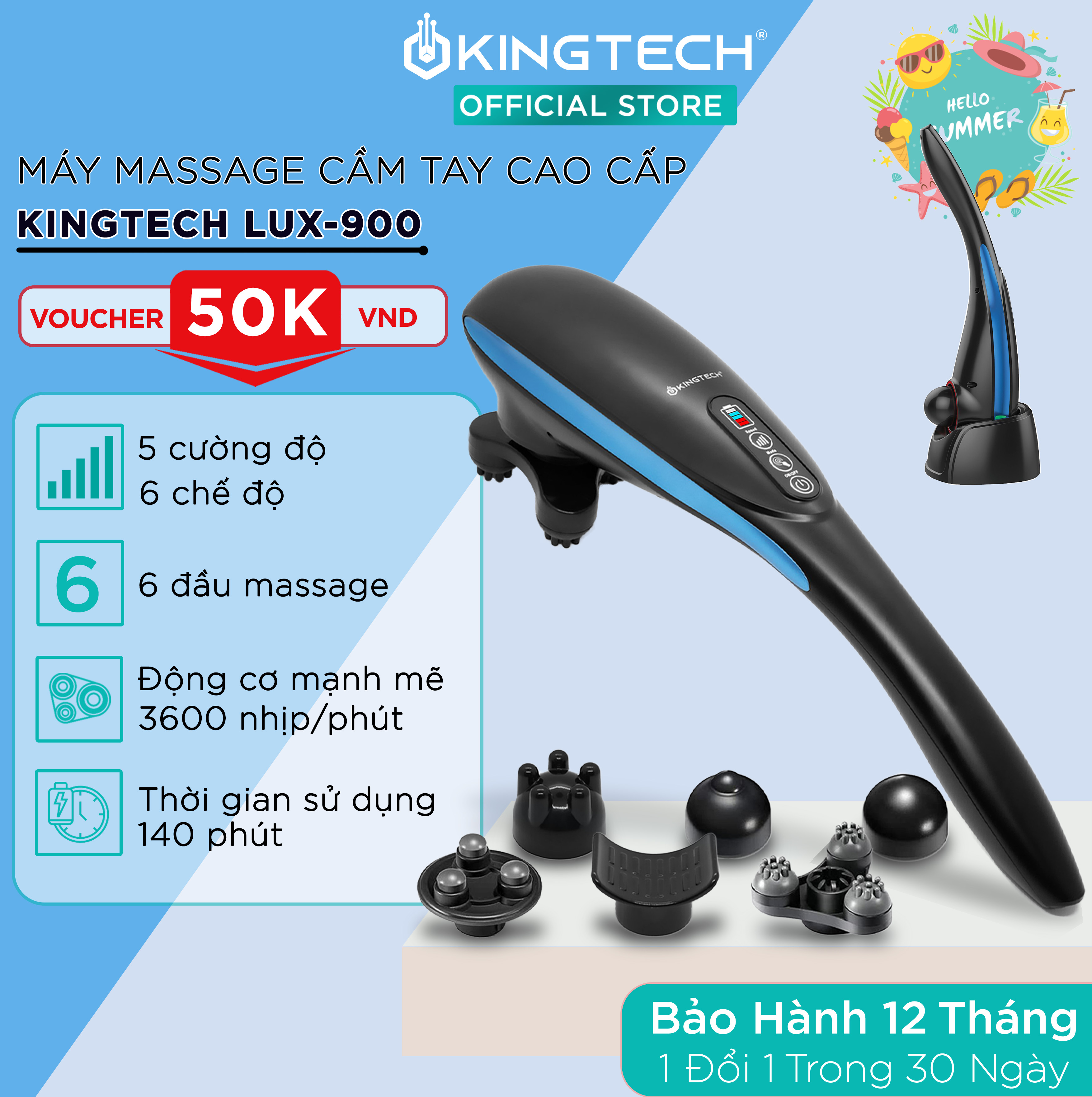 Máy Massage Cầm Tay Đa Năng Cao Cấp KINGTECH LUX-900 - Mát Xa Toàn Thân, Chuyên Sâu Cho Lưng, Cổ, Vai, Gáy Cánh Tay - Chính Hãng