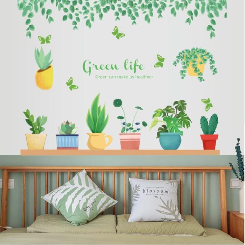 Decal trang trí tường - Nhiều chậu mini kèm lá trần Green Life