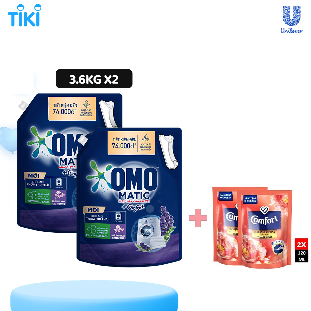 Combo 2 túi nước giặt OMO Matic chuyên dụng Cửa Trước Lavender Khử Mùi Thư Thái 3.6kg + 2 Nước Xả Comfort 120ml Ngẫu Nhiên