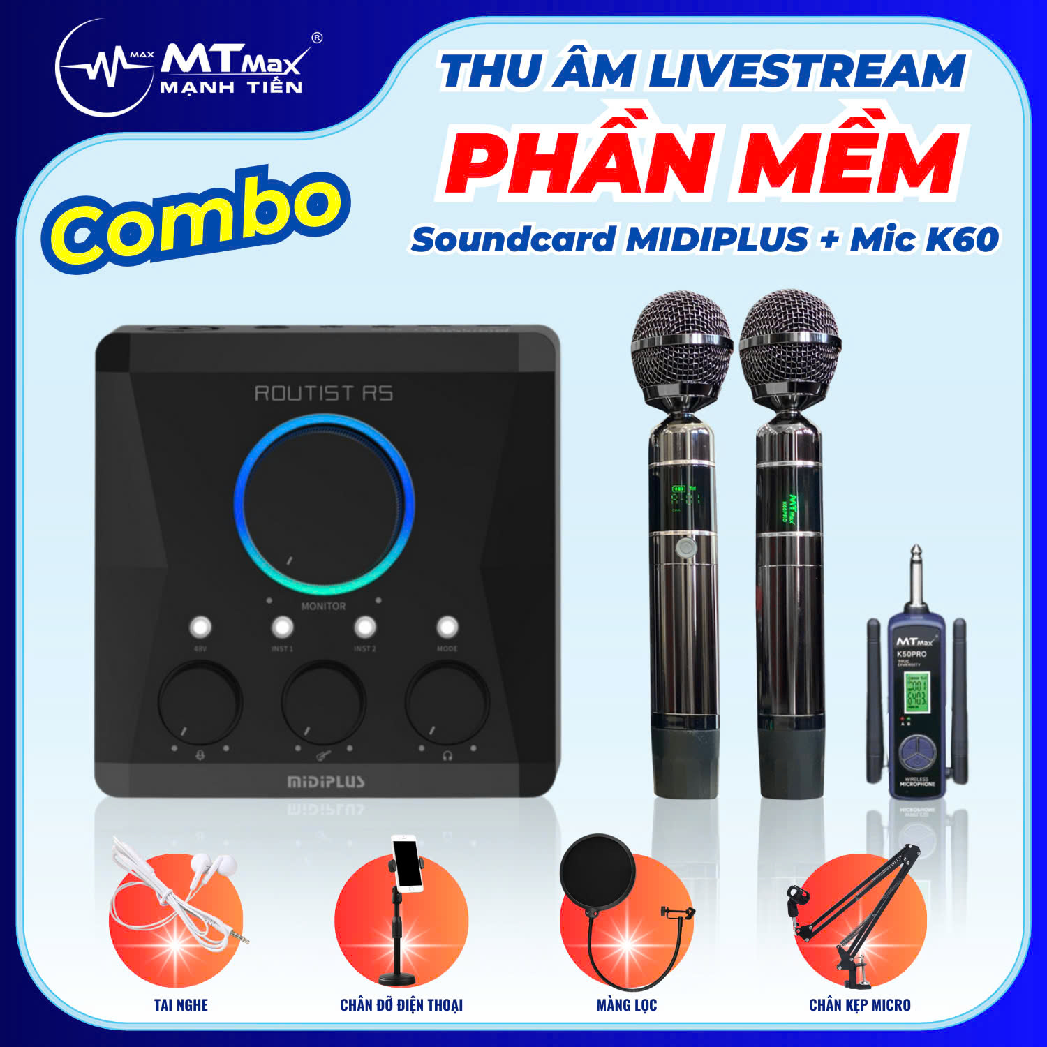 Combo chuyên Thu Âm Dùng Phần  Mềm Livestream Chuyên Nghiệp sound card Routist RS GEN II và micro đa năng K60 hàng nhập khẩu
