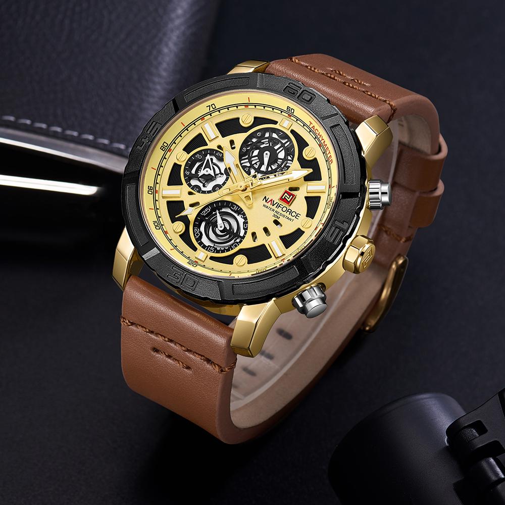 Đồng hồ thạch anh NAVIFORCE NF9139 dây da sáng,kim đồng hồ kỹ thuật số hiển thị giờ không thấm nước - Vàng hồng