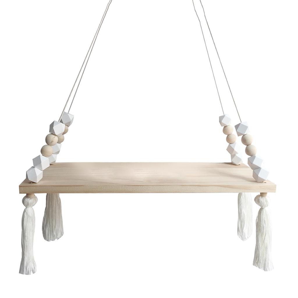 Wooden Floating Rope Wall Hanging Shelf Book Kitchen Bedroom Decor White
