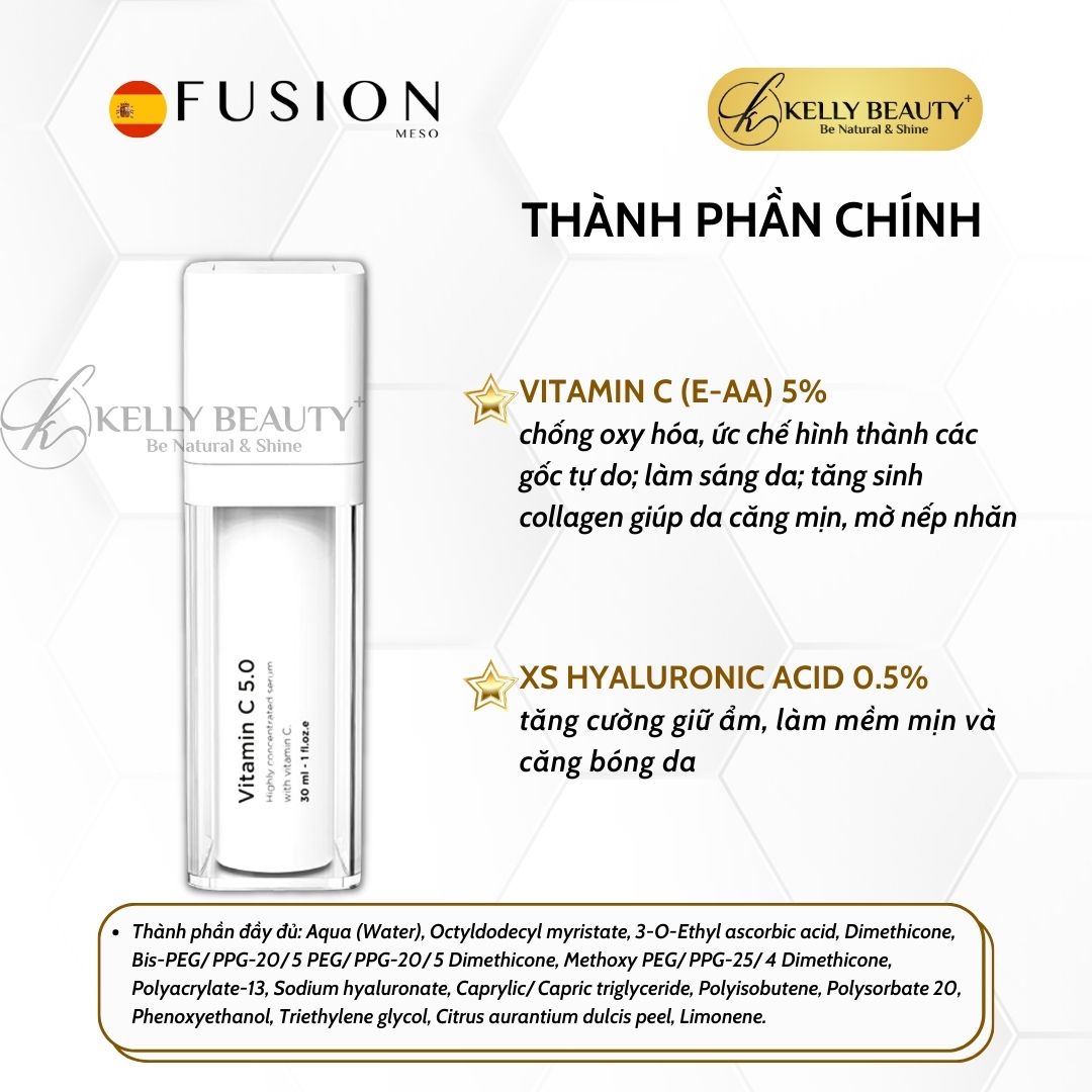 Fusion Vitamin C 5.0 - Tinh Chất Dưỡng Sáng Da, Mờ Thâm Sạm Nám; Tươi Trẻ Làn Da - Kelly Beauty