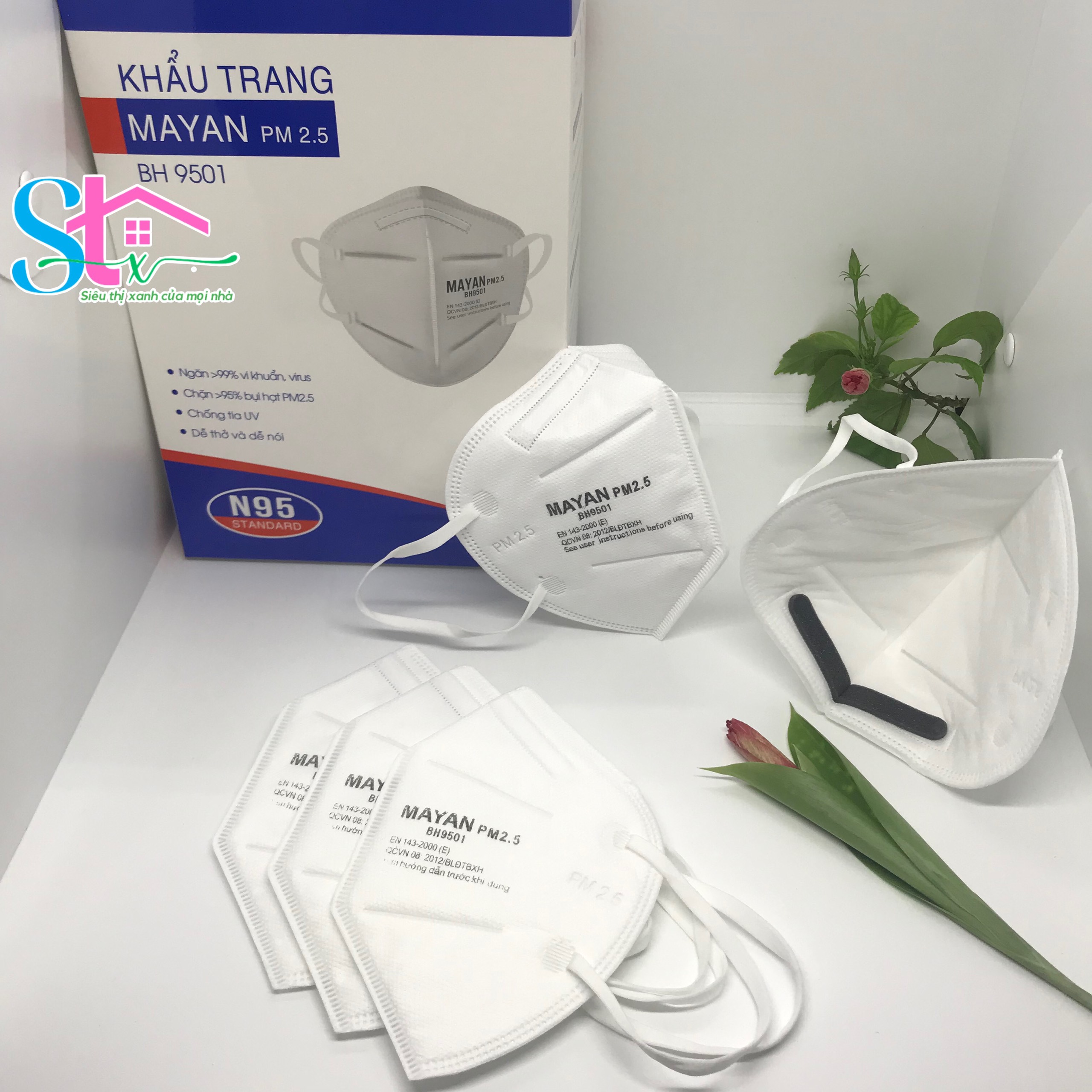 (Hộp 60 cái) Khẩu trang Mayan chính hãng PM2.5 BH9501 đệm mũi, Khẩu trang N95 BH9501V có van thở (hộp 40 cái)