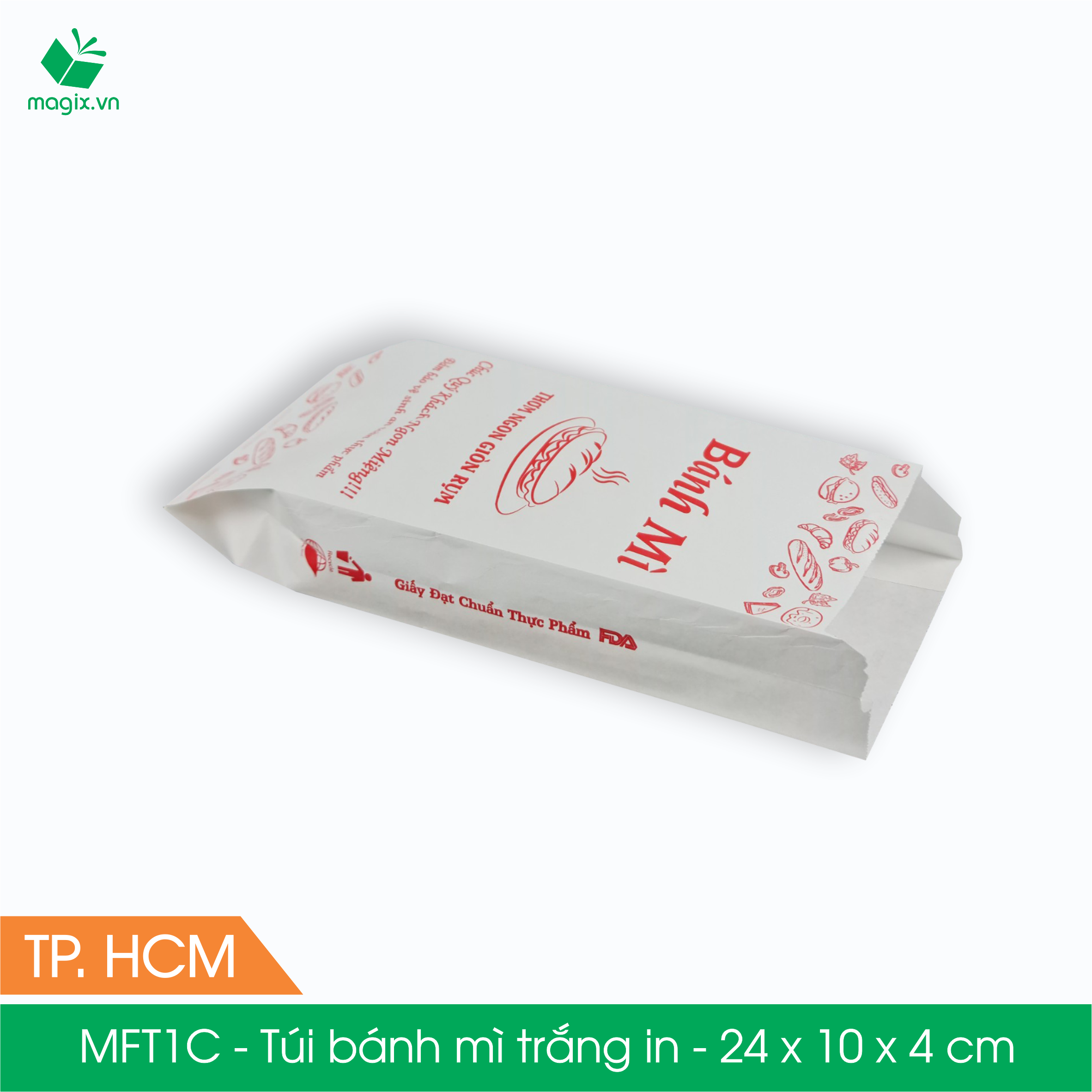 MFT1C - 24x10x4 cm - 100 Túi giấy bánh mì trắng có in