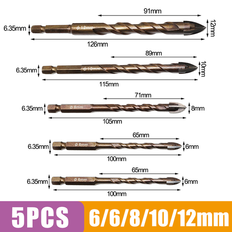 Mũi khoan đa năng khoan gốm sứ tường, 1 Bộ 5 món 6/6/8/10/12mm