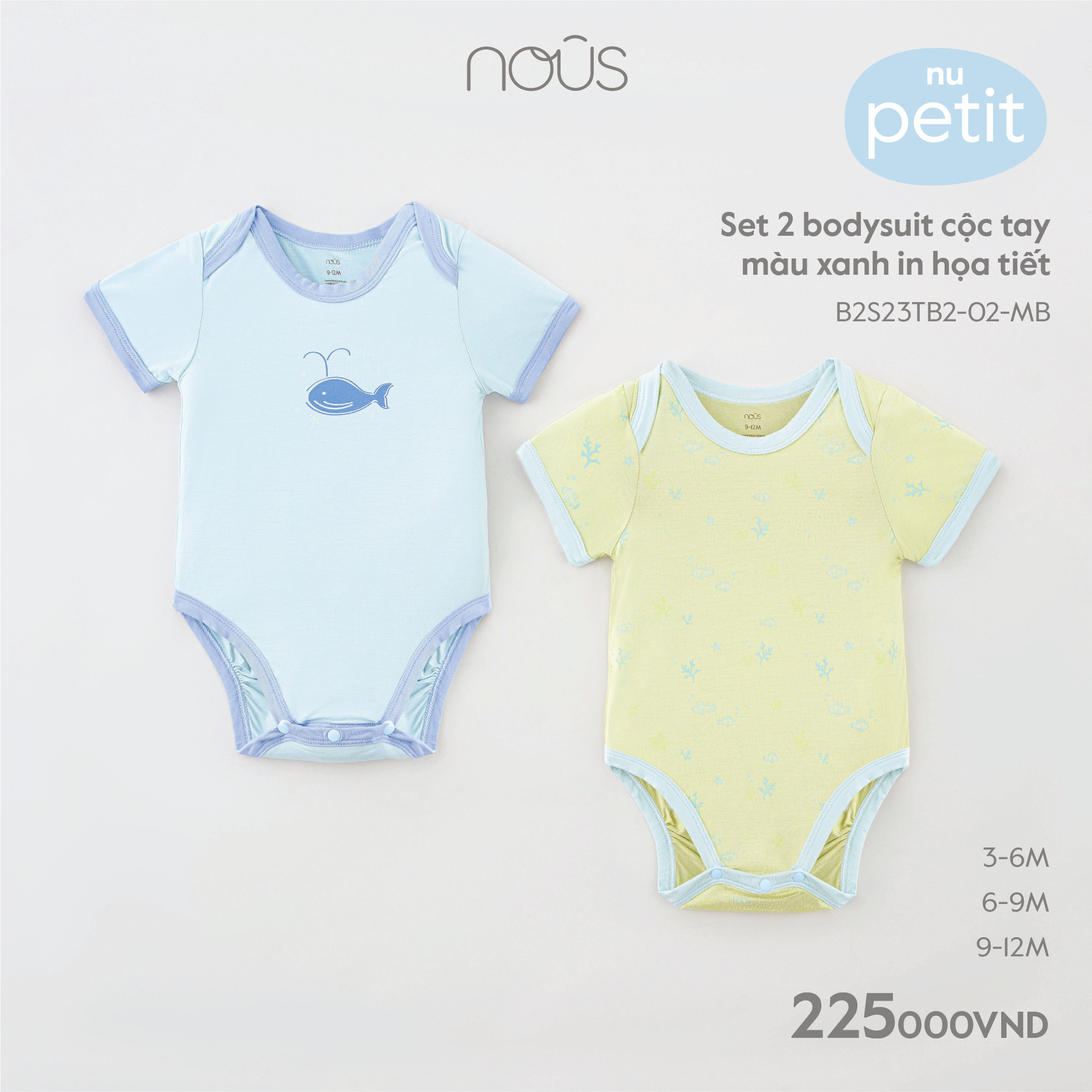 Set 2 bộ bodysuit Nous cộc tay phối nhiều màu chất liệu Nu Petit mềm mại dành cho bé từ 3-6 tháng đến 9-12 tháng