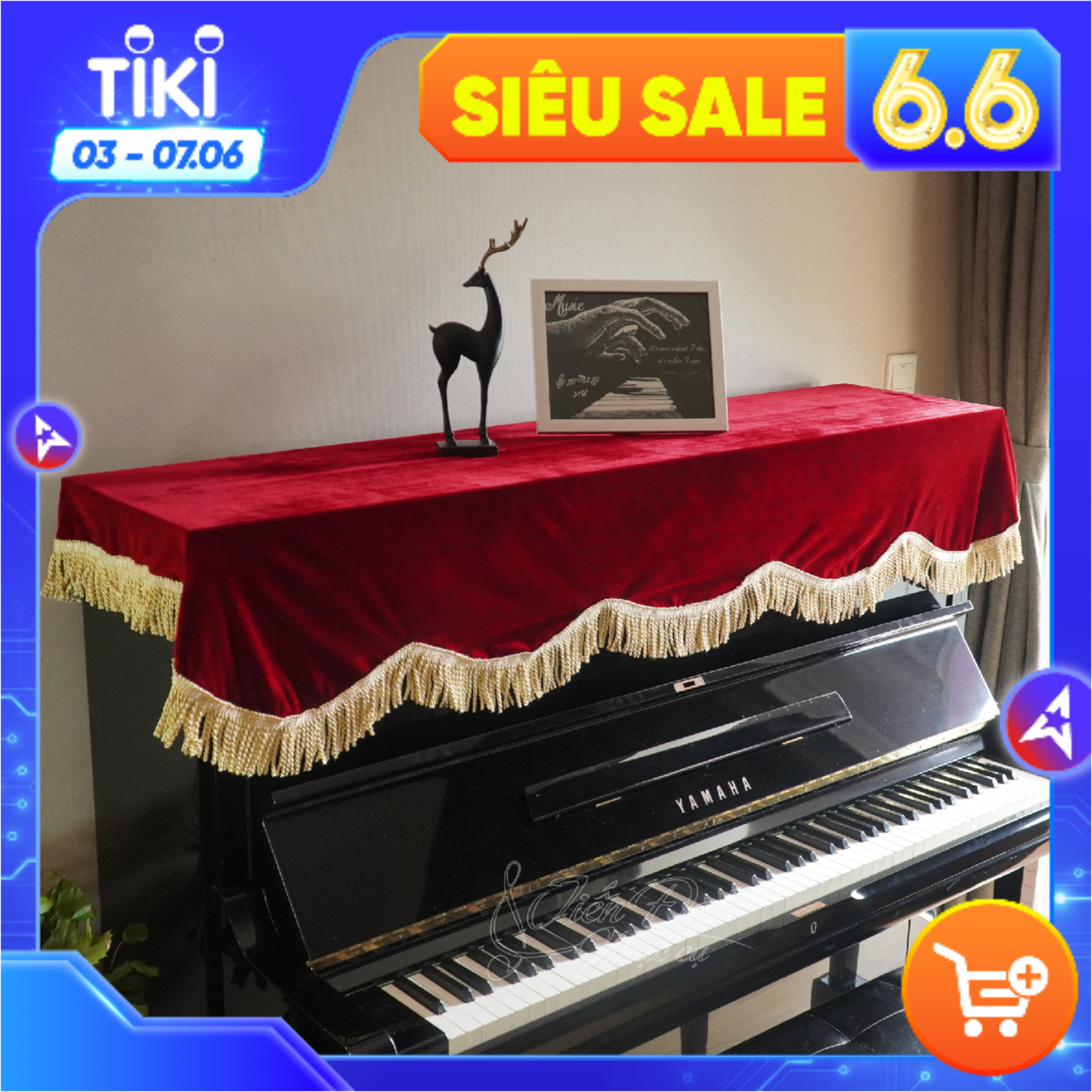 Khăn Phủ Đàn Piano Vải Nhung Đỏ Kèm Tua Rua Vàng Sang Trọng KU-05