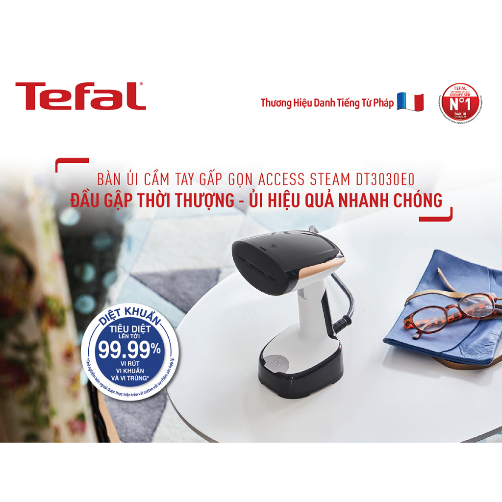 Bàn là cầm tay Tefal DT3030E0, Công suất 1300W, Dung tích bình nước 120ml, Có thể gấp gọn, tự ngắt khi quá nhiệt, Hàng chính hãng - Bảo hành 24 tháng