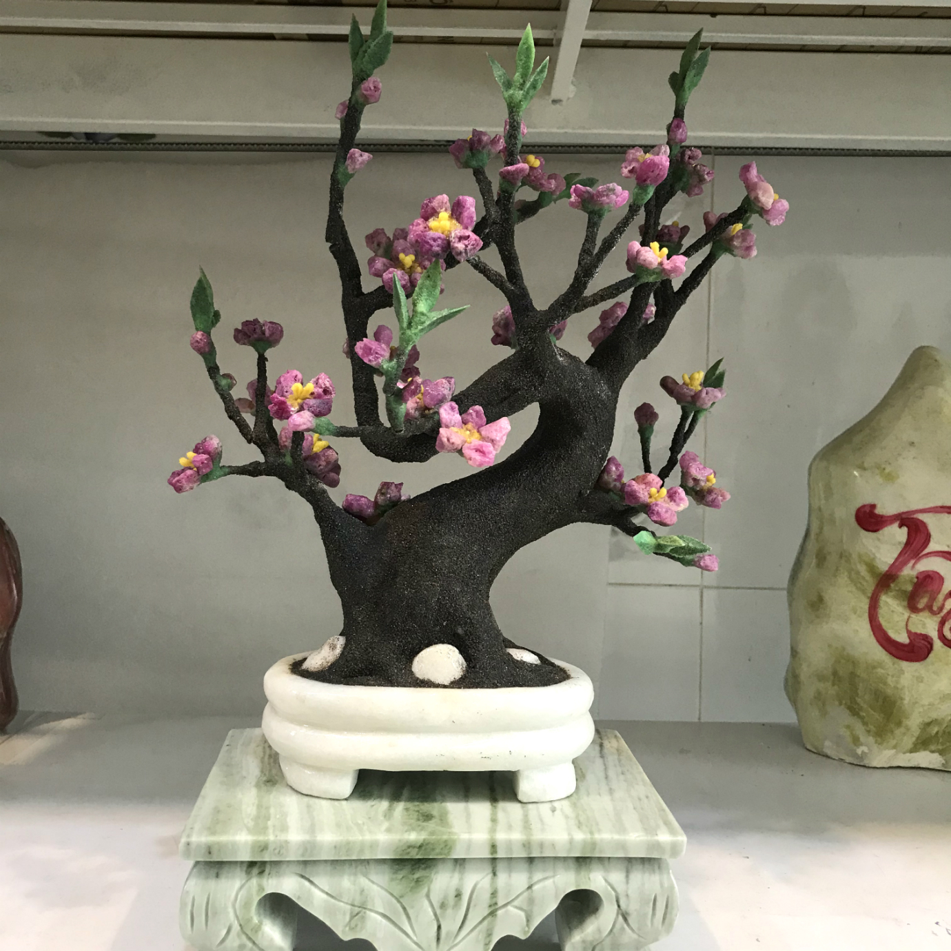 Cây hoa đào bonsai bằng đá ru by cho Tết vĩnh cửu cao 40x20x40x 5kg