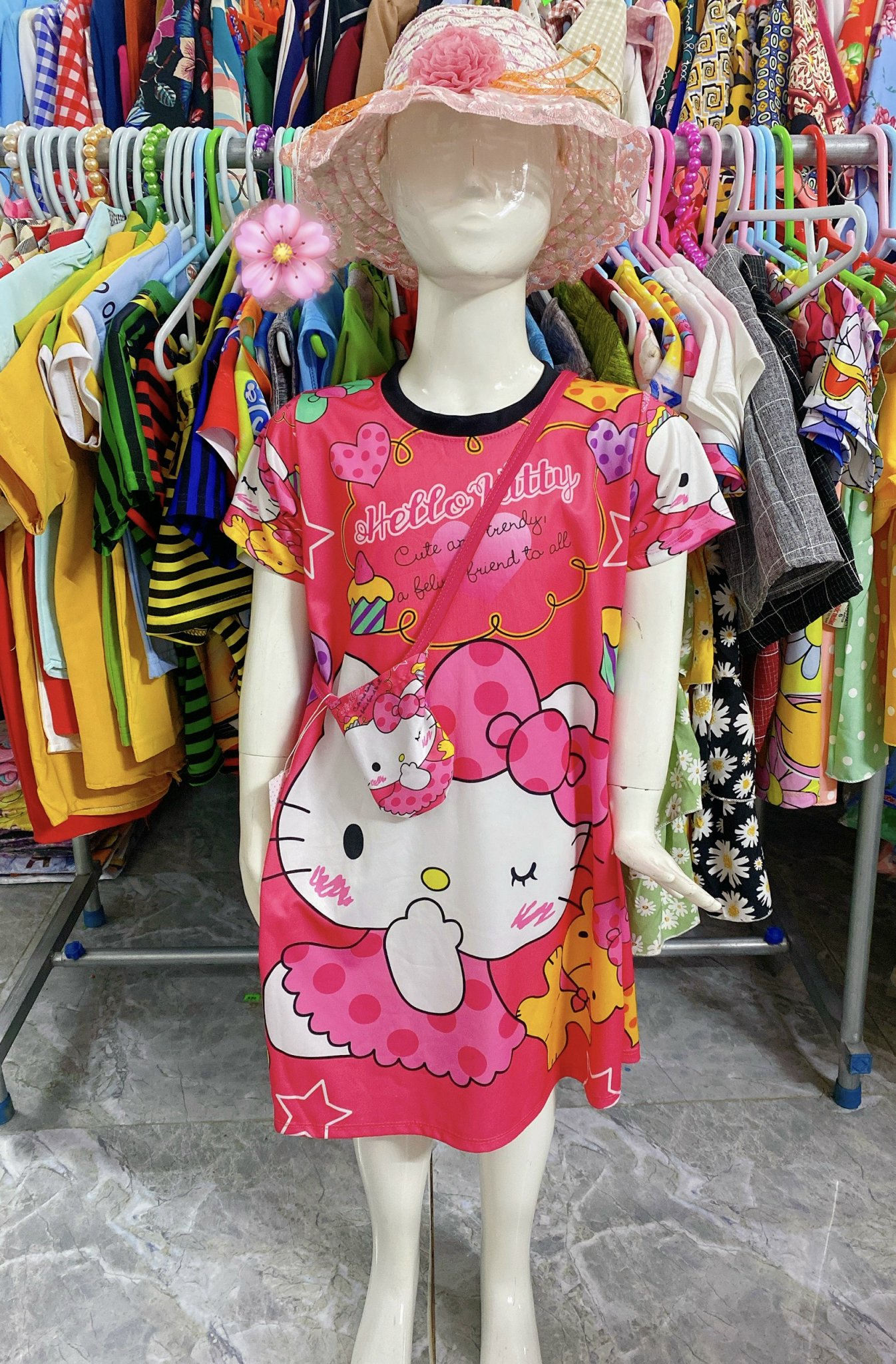 Đầm Bé Gái Mèo Tặng Túi, Size 20,5-27Kg, 5-8 Tuổi In 3D Váy Thun Lạnh Dễ Thương