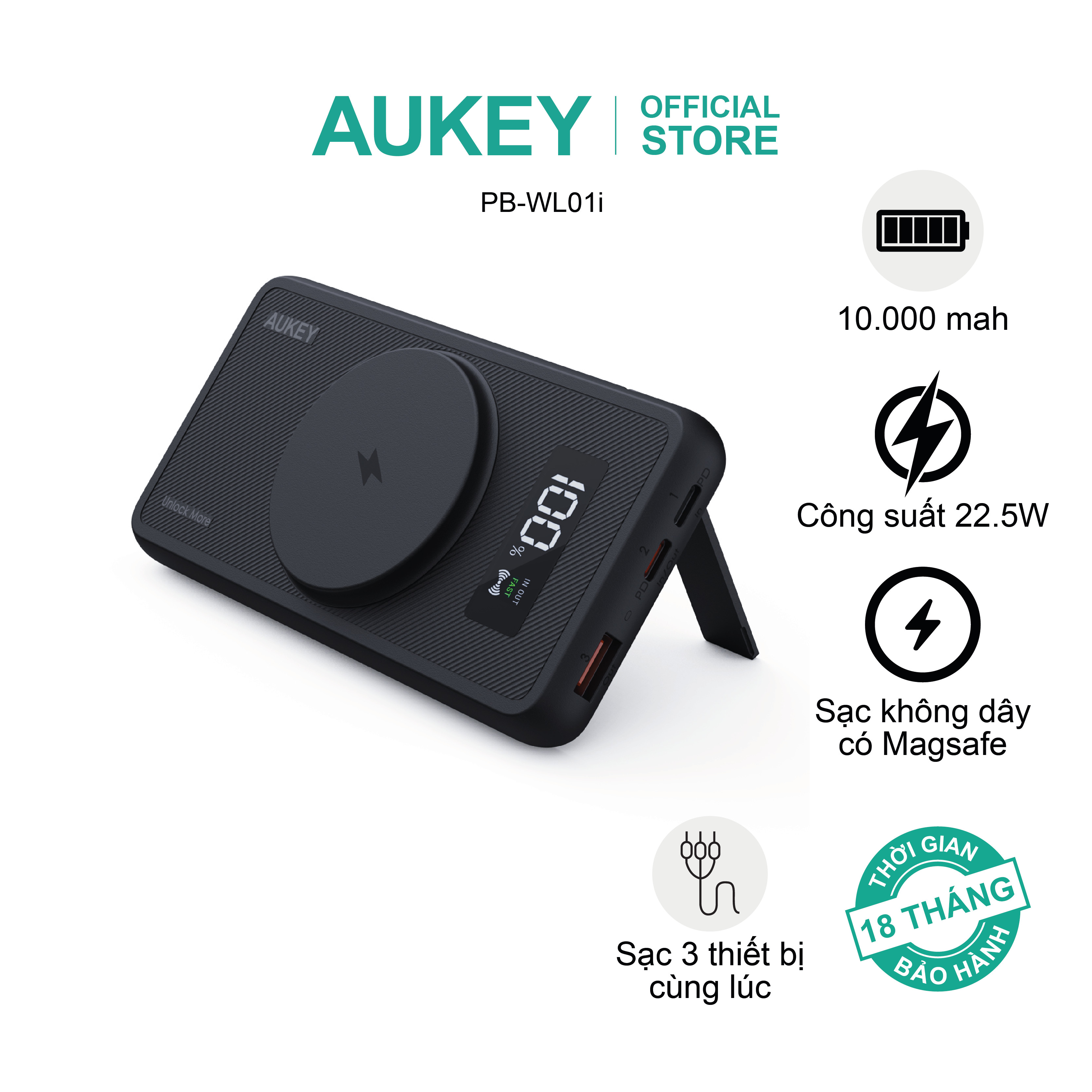 Pin dự phòng 10000mAh sạc nhanh 22.5W và sạc không dây 15W Aukey PB-WL01i, hàng chính hãng