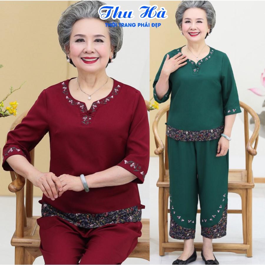 Đồ bộ mặc nhà tay lỡ cho mẹ quần áo trung niên Thu Hà họa tiết thêu hoa chất liệu cotton co giãn form thoải mái ĐBH.21