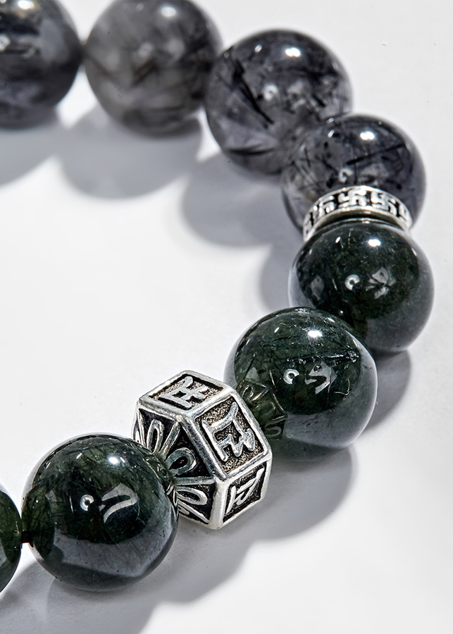 Vòng tay đá thạch anh tóc xanh phối thạch anh tóc đen charm lục tự  Ngọc Quý Gemstones