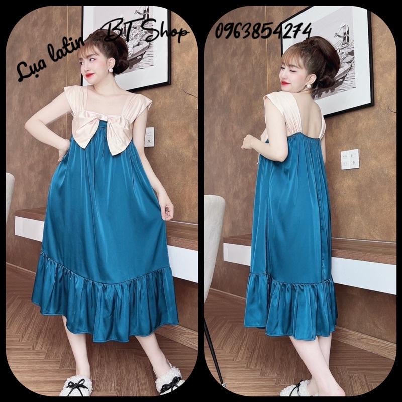 Váy đầm ngủ mặc nhà lụa latin nơ màu trơn freesize 42-57kg