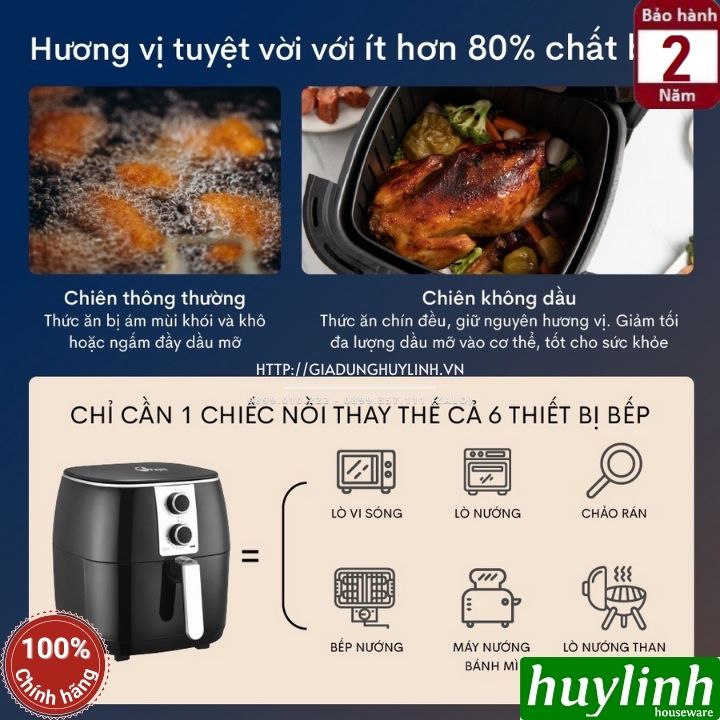 Nồi chiên không dầu Fujie AF7 - Dung tích 7.5 lít - Công suất 1700W - Núm vặn cơ - Hàng chính hãng