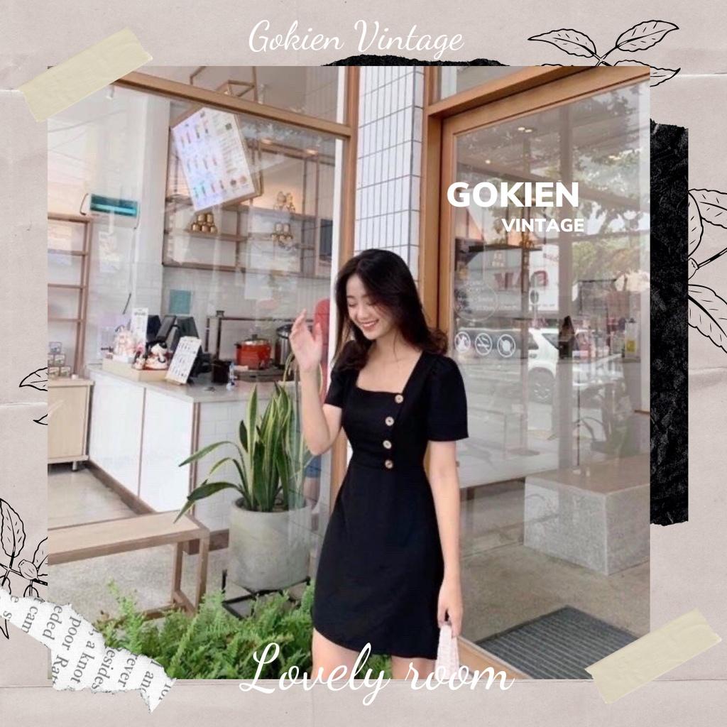 Váy chữ A cổ vuông phối nút gỗ Basic phong cách Hàn Quốc, Gokien Vintage
