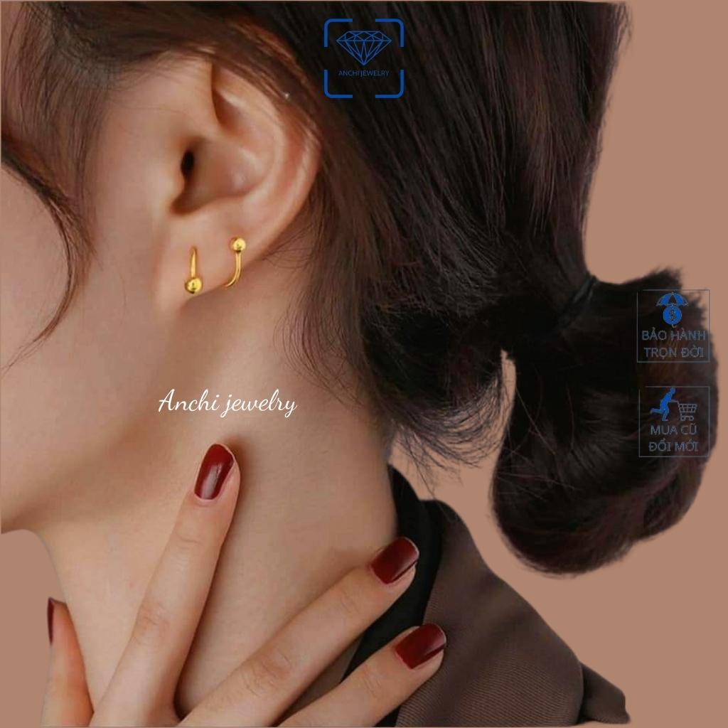 Khuyên tai xoắn ốc 2 vòng lò xo đầu bi tròn, bông tai ôm vành tai nam nữ unisex vàng hiphop, Anchi jewelry