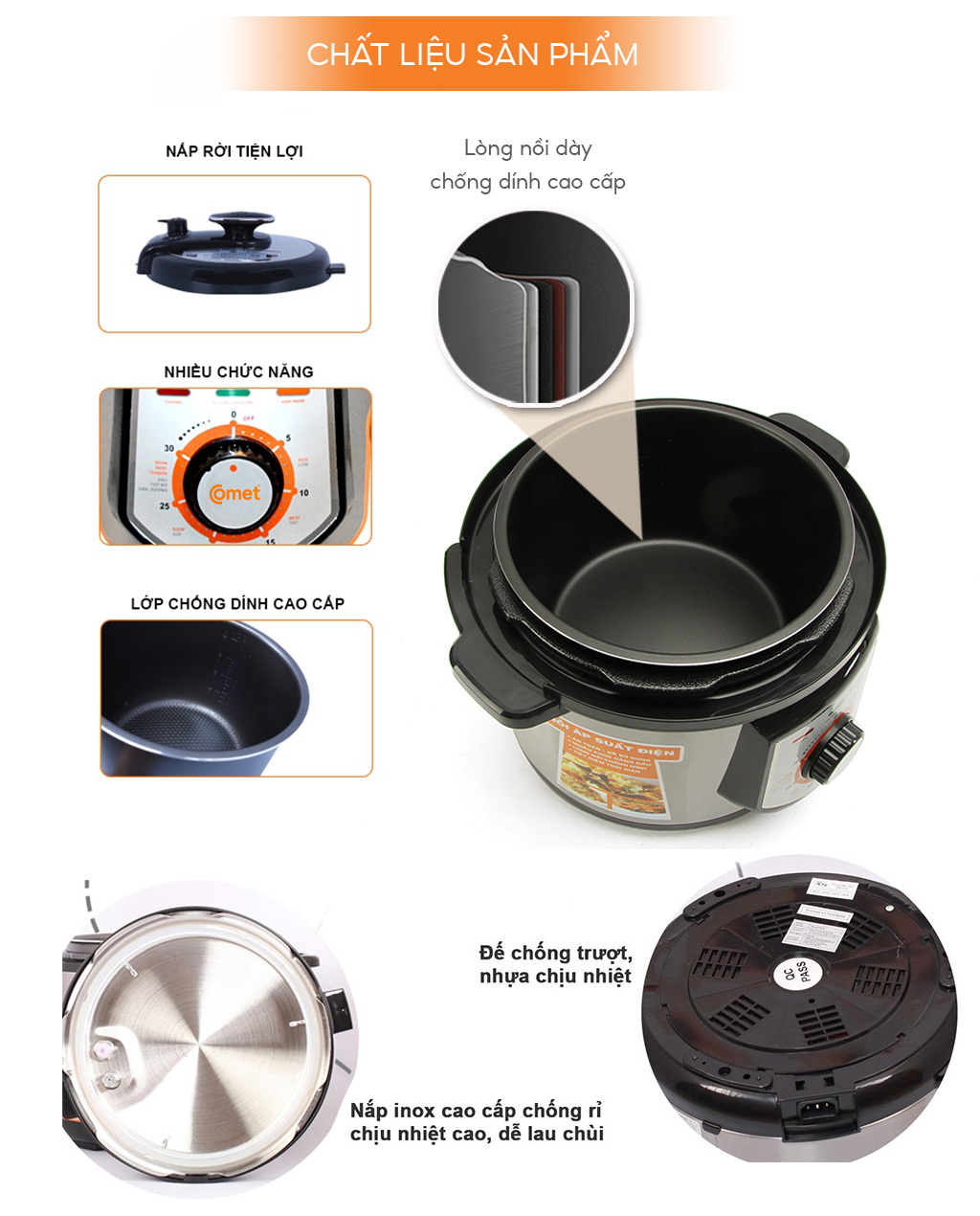 Nồi áp suất điện Comet CM6151 dung tích 6 lít – đa chức năng, chống dính, an toàn, hàng chính hãng