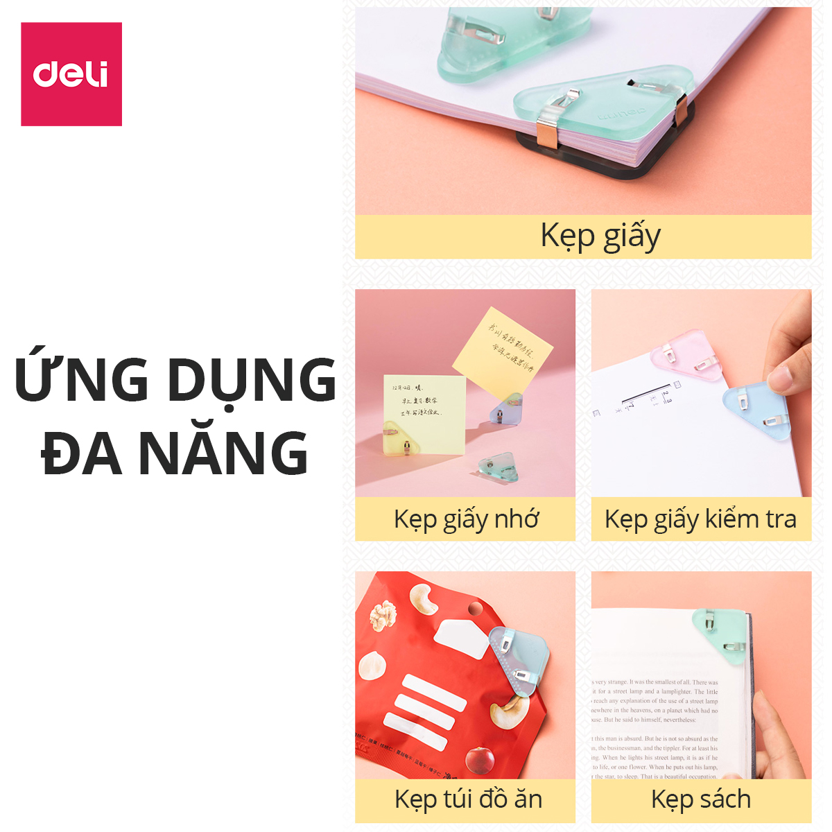 Set 4 kẹp giấy, kẹp đánh dấu trang sách, kẹp hồ sơ tài liệu tam giác bằng nhựa Deli thiết kế dễ thương màu pastel