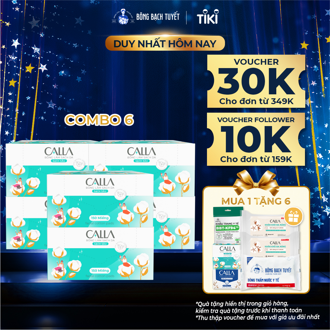 Combo 6 Hộp Bông Tẩy trang làm sạch da Calla Sạch Sâu 150 miếng/hộp