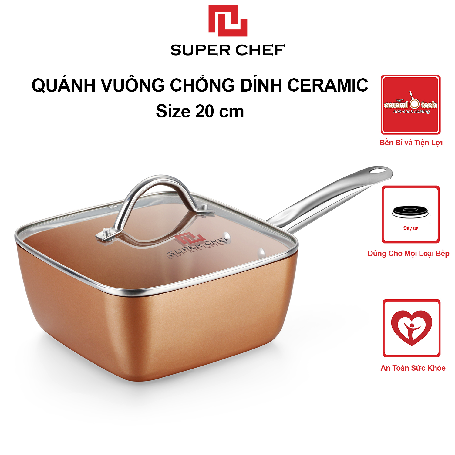 Nồi Chống Dính Ceramic Vuông  Cán Dài Super Chef Cao Cấp Siêu Bền Bỉ Không Bong Tróc, Chống Ăn Mòn, Đảm Bảo An Toàn Sức Khỏe Kèm Nắp Kính ( Size 20, 24cm