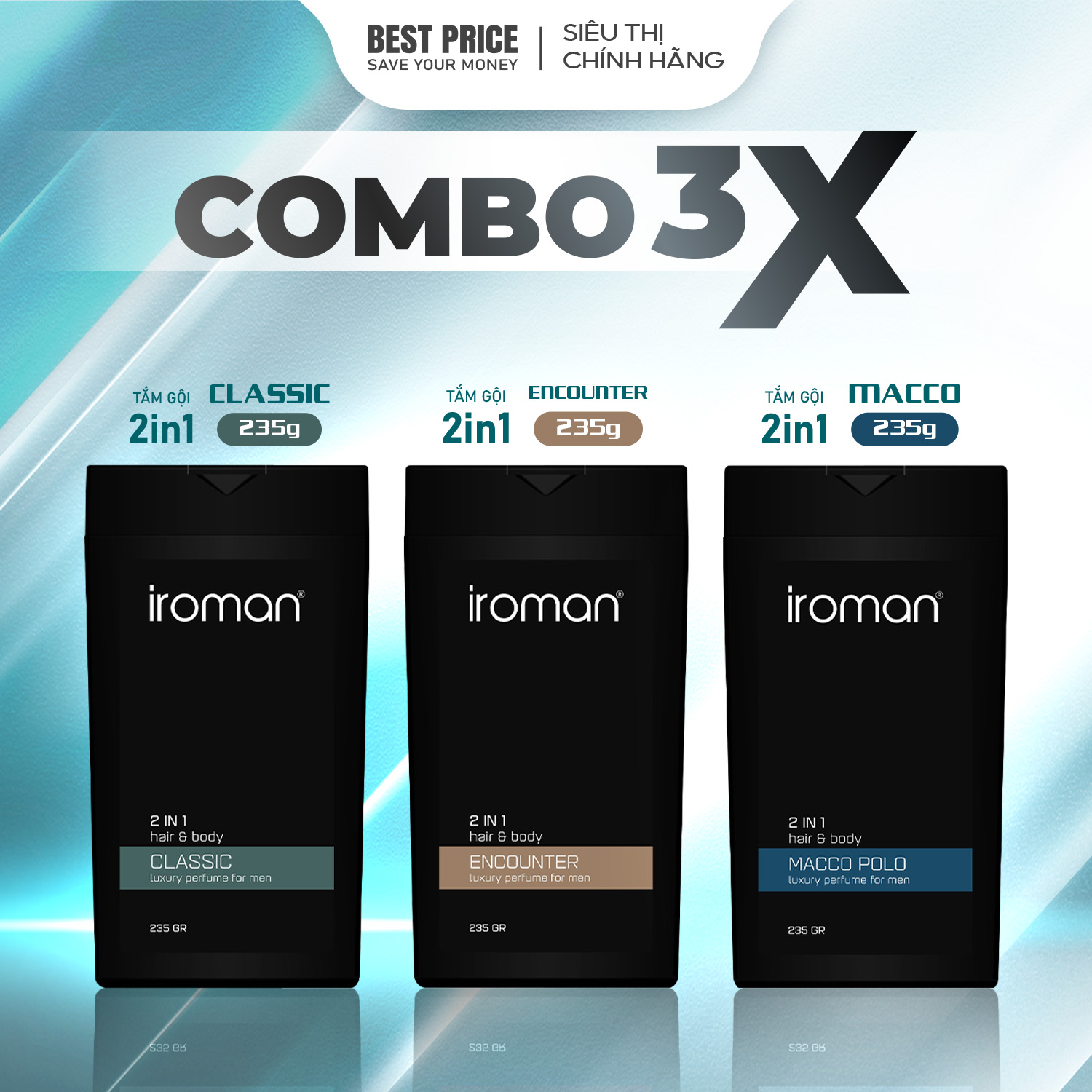Combo 3 chai tắm gội 2in1 Iroman hương nước hoa cho nam thơm lâu ngăn giàu giảm rụng 705G