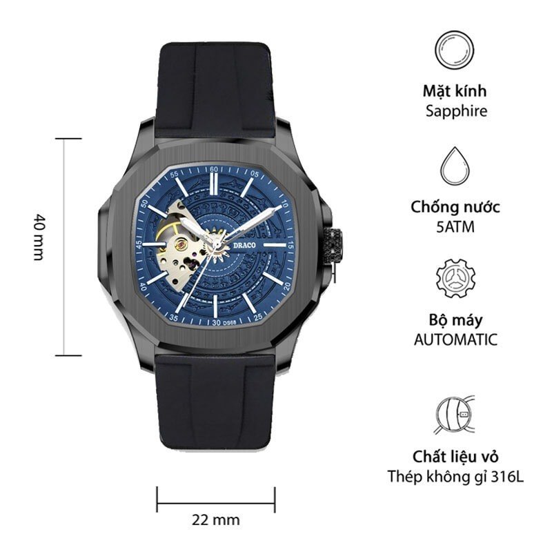 Đồng hồ nam Draco D23-DS68 “DongSon” Automatic đen xanh kết hợp chất liệu dây cao su non cao cấp màu đen-thời trang nam thể thao