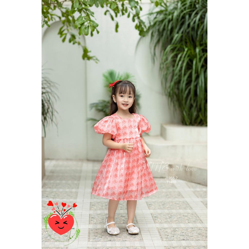 Đầm babydoll hoa hồng cho bé gái tay phồng phong cách Hàn Quốc từ 12-35kg chất vải tơ mềm mát