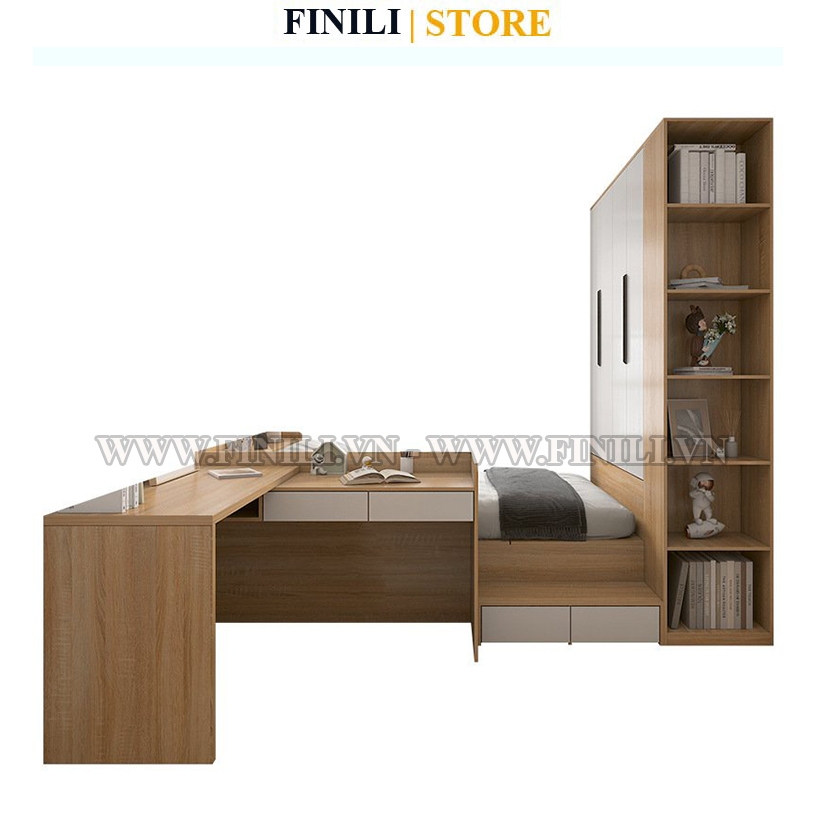 [FREESHIP TPHCM] Combo phòng ngủ tủ áo FINILI kết hợp giường bàn làm việc và tủ treo FNL772