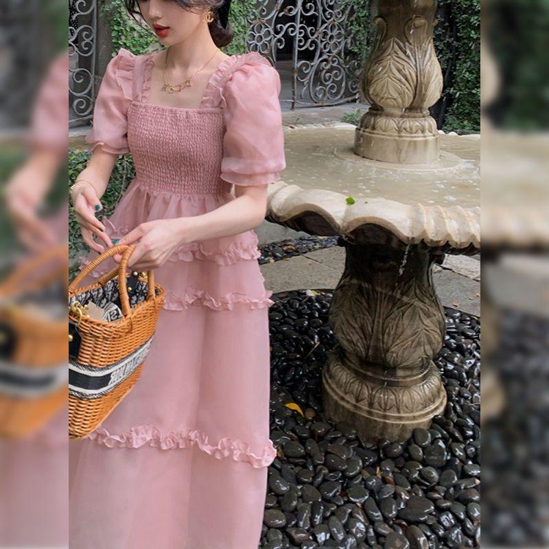 TOBE1SHOP Váy màu hồng nàng tiên Pháp ren Bouffant váy công chúa váy bánh váy lưới nàng tiên thắt lưng đầm