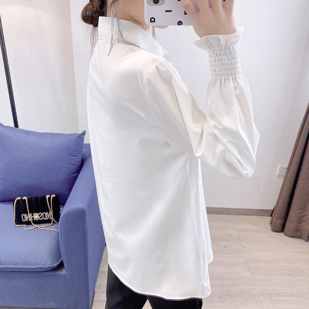 Áo Sơ Mi Nữ Form Rộng Kiểu Công Sở Dài Tay Phồng Bo Chun Dáng Dài Hàn Quốc Vải Lụa Màu Trắng Cổ Đức Vintage YURITA