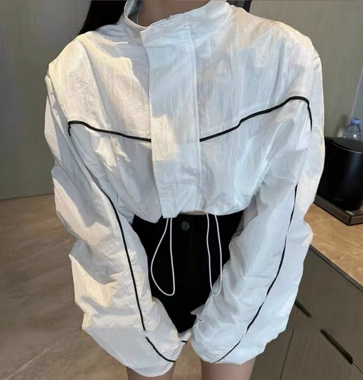 Áo khoác nữ croptop dây rút zip basic chất dù cao cấp dáng ngắn form rộng dài tay khóa kéo có mũ ulzzang hàn quốc, Áo Khoác Croptop ; Áo khoác dù ngoại cánh dơi kiểu croptop