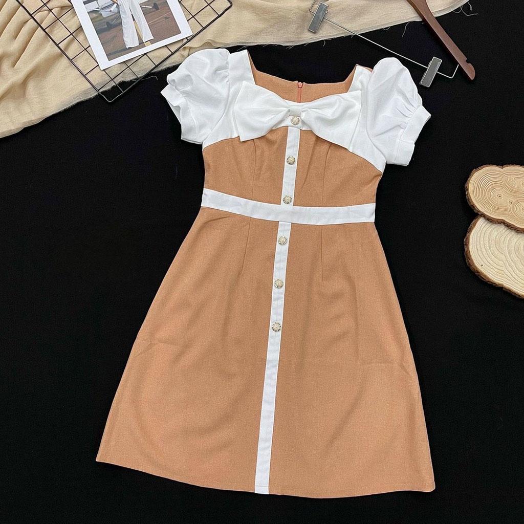 Đầm suông nữ công sở tay ngắn phồng phối nơ kết hợp hàng cúc giữa chất cotton nhẹ mát
