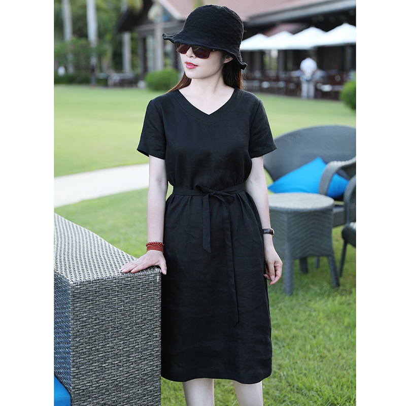 Đầm linen dáng suông cổ tim tay ngắn, kefm đai eo có túi sườn mẫu mới Đũi Việt Dv196
