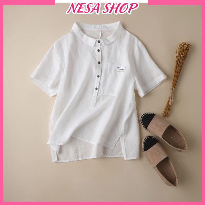 Áo sơ mi nữ tay ngắn NeSa Shop, áo kiểu nữ, chất liệu Đũi tơ mềm mát, áo sơ mi kiểu form trẻ trung AKS.49