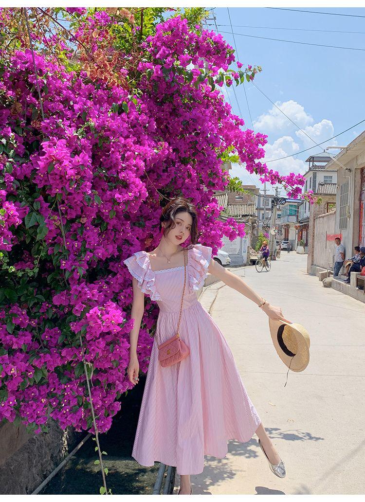 CHENGRUI 2023 Mùa xuân và mùa hè tươi thiếu nữ cảm giác Pháp Vintage vuông cổ áo đầm ngọt eo vuông cổ chữ A váy