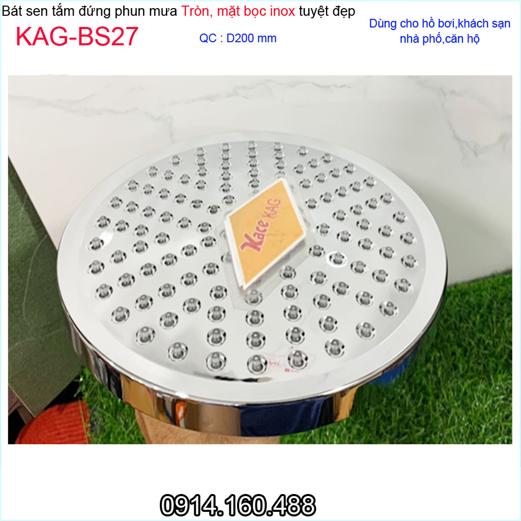 Bát sen tắm đứng tròn 20x20 cm KAG-BS27, đầu sen phun mưa màu inox bóng tia nước mạnh phun đều sử dụng tốt
