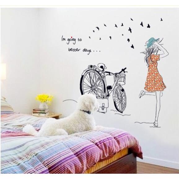 Decal dán tường combo 2 tranh lưới giấc mơ + cô gái và xe đạp