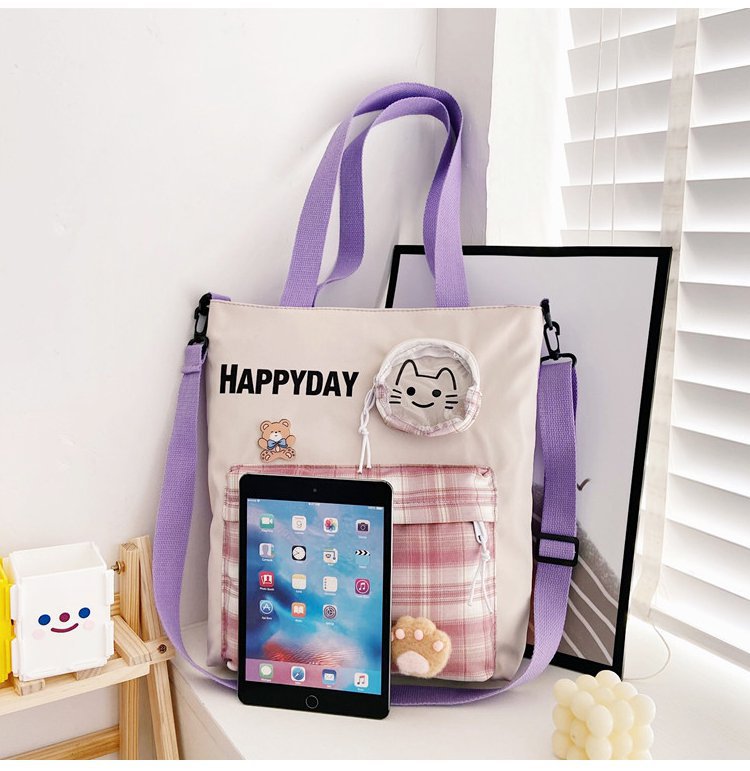 Túi đeo chéo BH Kids, họa tiết Caro HAPPY DAY, vải Canvas, in hình mèo con xinh xắn - CH127