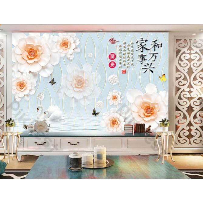 Tranh dán tường 3d phong cách hiện đại, những cánh hoa và thiên nga MS1155103