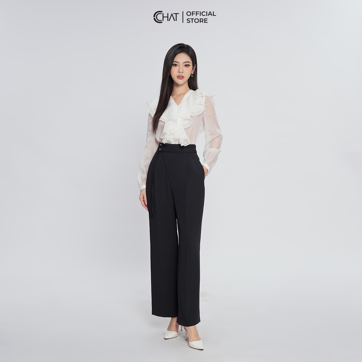 Áo Sơ Mi Nữ  Cổ V Bèo 2 Tầng Rủ Chất Voan Cao Cấp 13FDV2010ST