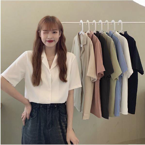 Áo sơ mi kiểu công sở tay ngắn cổ vest nữ form rộng đẹp 6 màu vintage Hàn Quốc