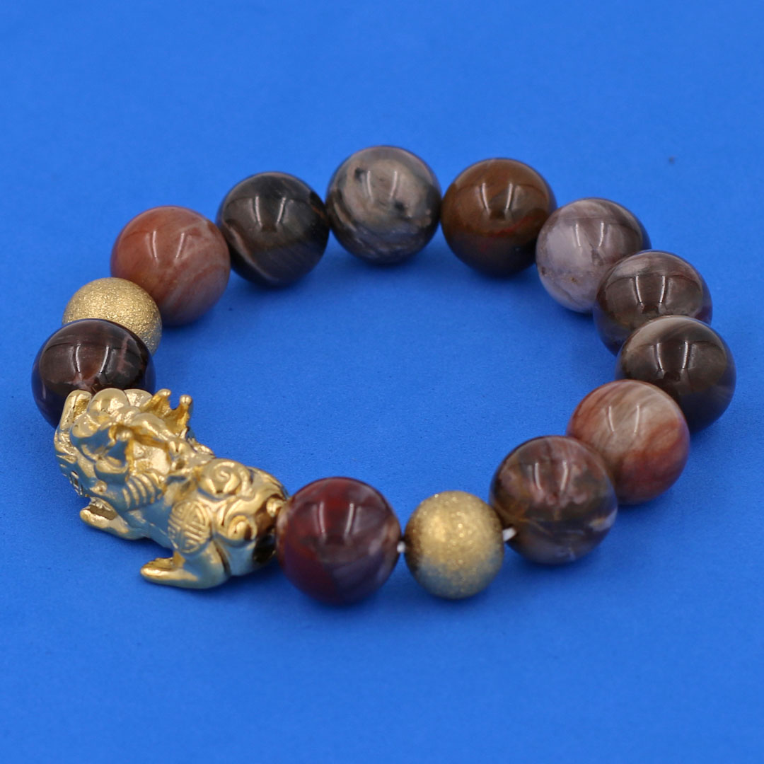 Vòng chuỗi đeo tay gỗ hóa thạch 14 ly  charm tỳ hưu và bi inox, vòng tay chuỗi hạt