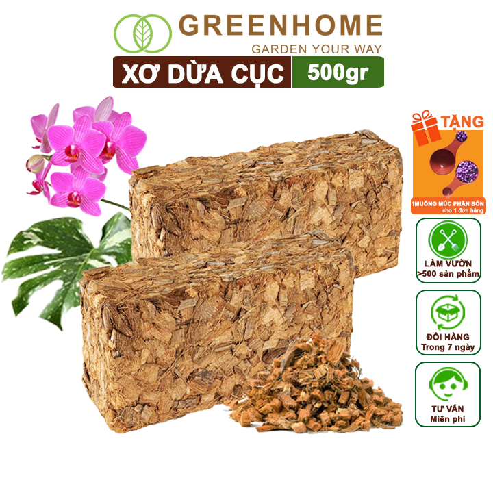 Xơ Dừa Cục Greenhome, Viên 500gr, Sơ Dừa Nén, Nở Gấp 5 Lần, Kích Thích Rễ, Thoát Nước Tốt Giá Thể Kiểng Lá, Phong Lan