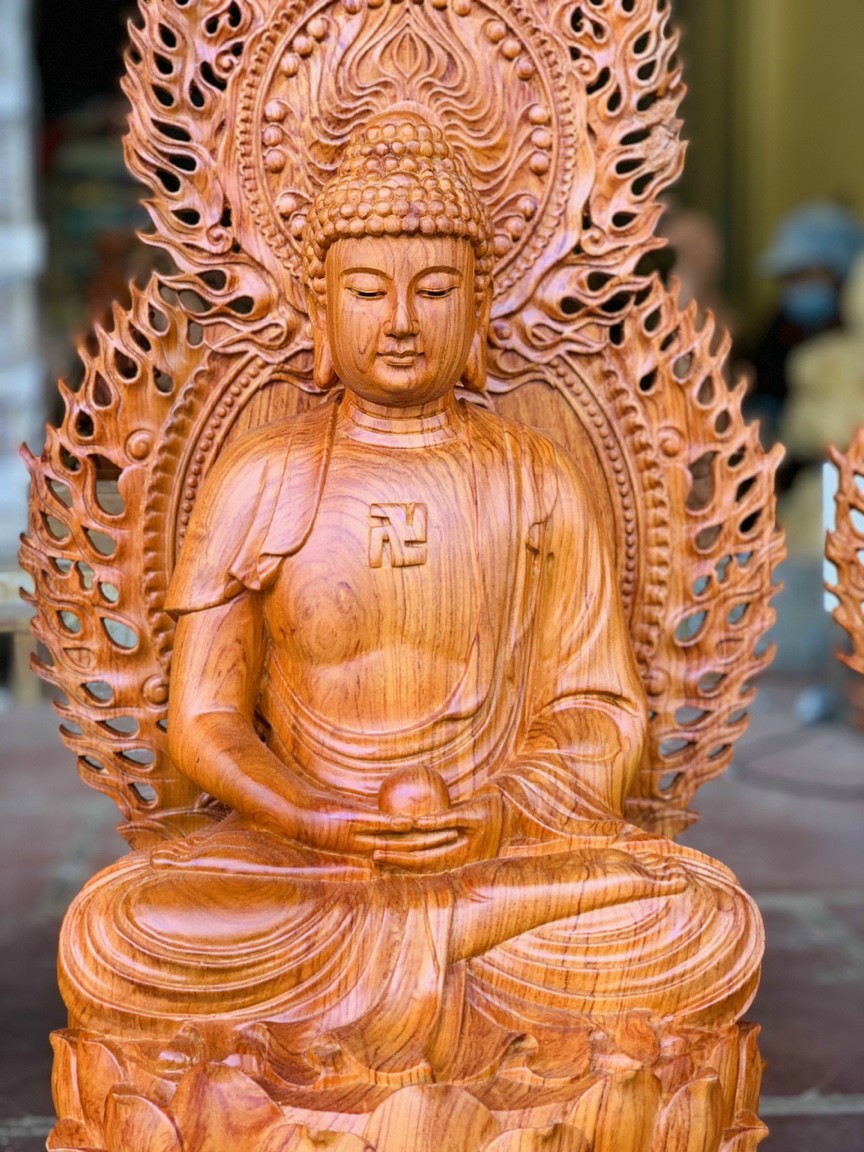 Bộ tượng phật tam thánh tây phương bằng gỗ hương đá kt cao 30×16×16cm +lá chắn hòa quang cao tổng 41×24cm