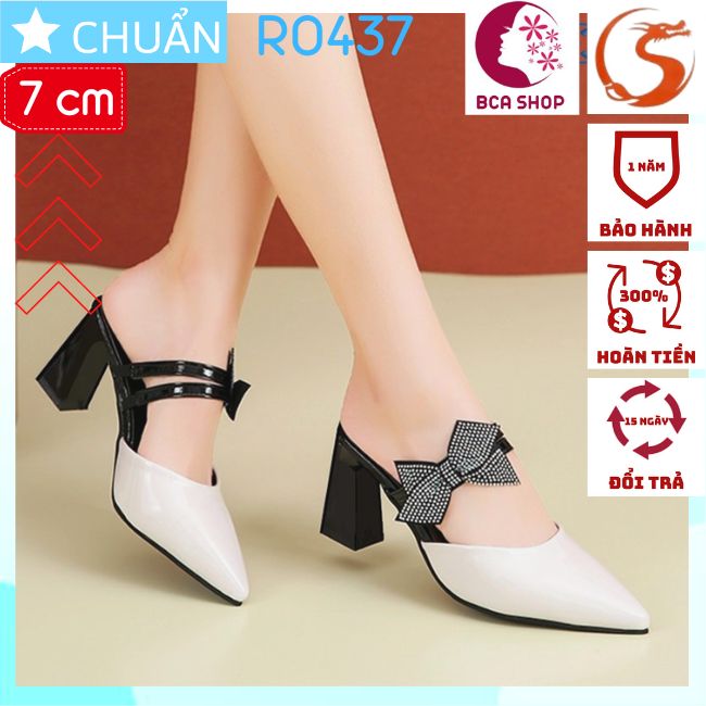 Giày cao gót nữ 7P RO437 ROSATA tại BCASHOP bít mũi, gắn nơ nhiều kim cương nhỏ lấp lánh - màu trắng kem